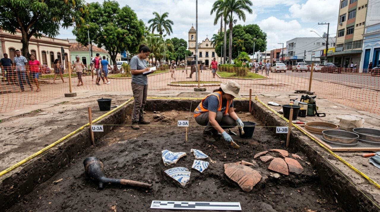 A obra de revitalização de uma praça no centro de Macapá parou nos primeiros vinte centímetros, e o que apareceu foram cachimbos de caulim ingleses e holandeses, louças de Portugal, cerâmica indígena e amuletos dos séculos 18 e 19 empilhados na mesma camada