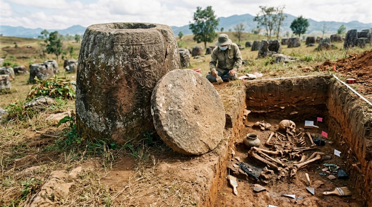 A imagem destaca a relação entre a Planície dos Jarros e práticas funerárias, mostrando os recipientes de pedra no mesmo contexto arqueológico de discos líticos e sepultamentos escavados