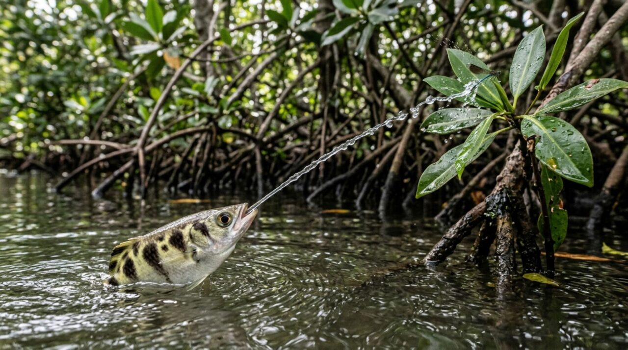 Sem precisar tocar na presa, um pequeno peixe consegue derrubar insetos posicionados sobre galhos e folhas ao disparar pela boca um jato de água extremamente preciso a partir da superfície