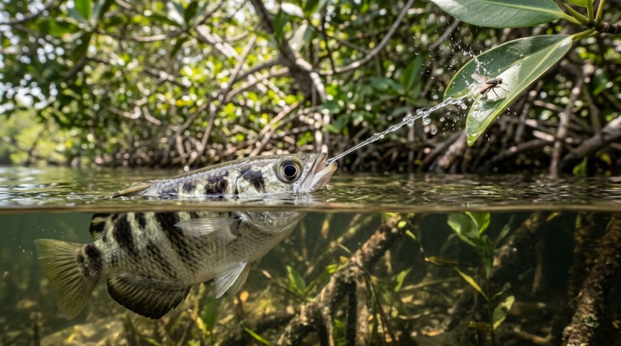 O controle da abertura da boca e do fluxo permite ao peixe-arqueiro (Toxotes jaculatrix) ajustar a força do jato conforme a distância até a presa
