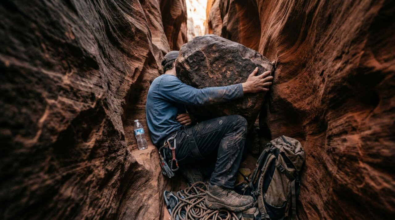 A imagem destaca a situação que deixou Aron Ralston sem possibilidade imediata de escapar, com o braço prensado pela rocha e recursos limitados dentro do cânion remoto