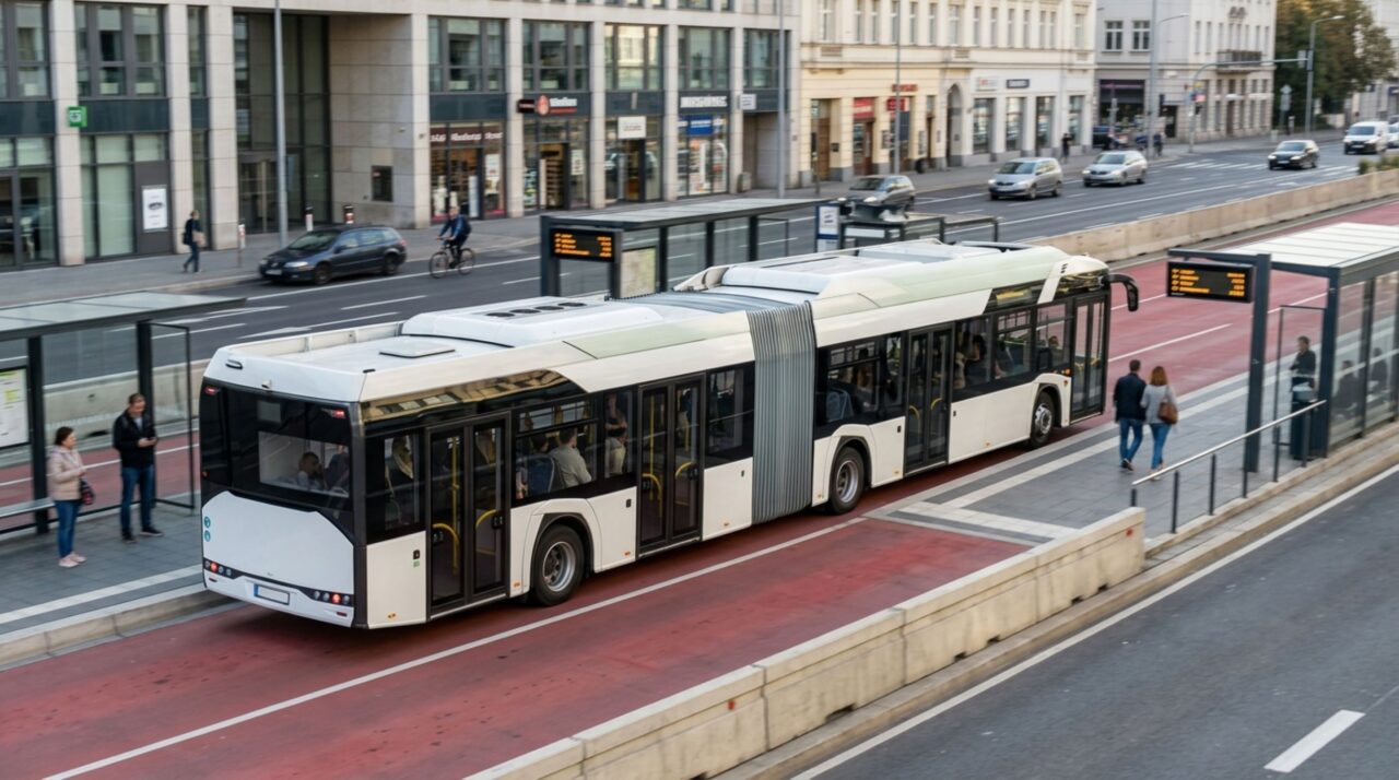Com vários motores elétricos distribuídos e uma carroceria que pode ultrapassar 20 metros de comprimento, este ônibus urbano foi projetado para transportar grandes volumes de passageiros sem emitir gases diretamente durante o trajeto