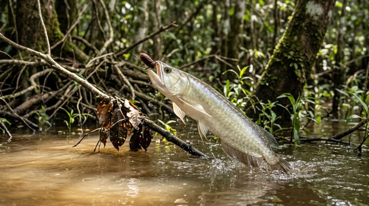 Em rios da América do Sul, um predador pode detectar movimentos próximos à superfície e lançar o corpo para fora da água para capturar animais sobre galhos baixos ou junto às margens