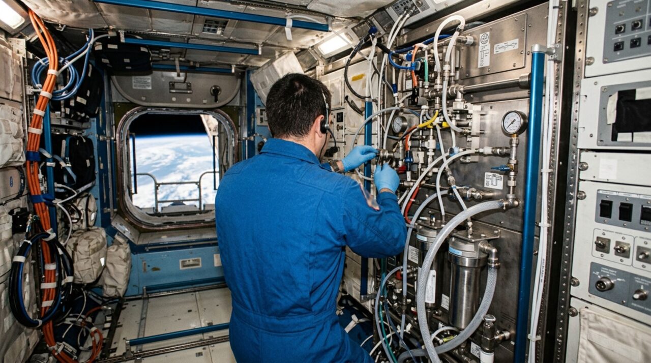 Na Estação Espacial, um sistema passou a recuperar 98% da água usada pelos astronautas, reaproveitando inclusive umidade da respiração, suor e urina para reduzir o que precisa ser enviado da Terra