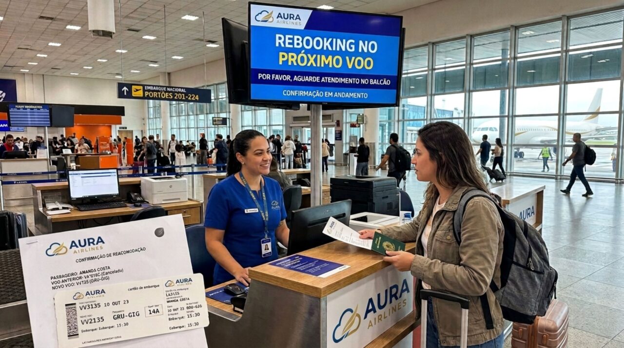 Homem chega ao aeroporto para fazer viagem internacional e, ao tentar embarcar no avião, companhia aérea diz não ser possível, pois o voo está lotado, cliente diz saber que essa prática é ilegal e exige ser colocado no próximo voo, caso contrário, entrará na justiça