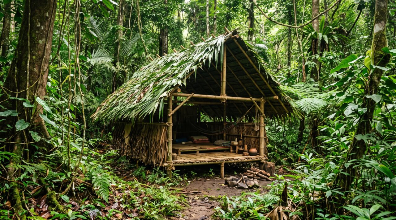 Ele saiu da cidade e construiu uma cabana feita de bambus para sobreviver a floresta selvagem e climas severos