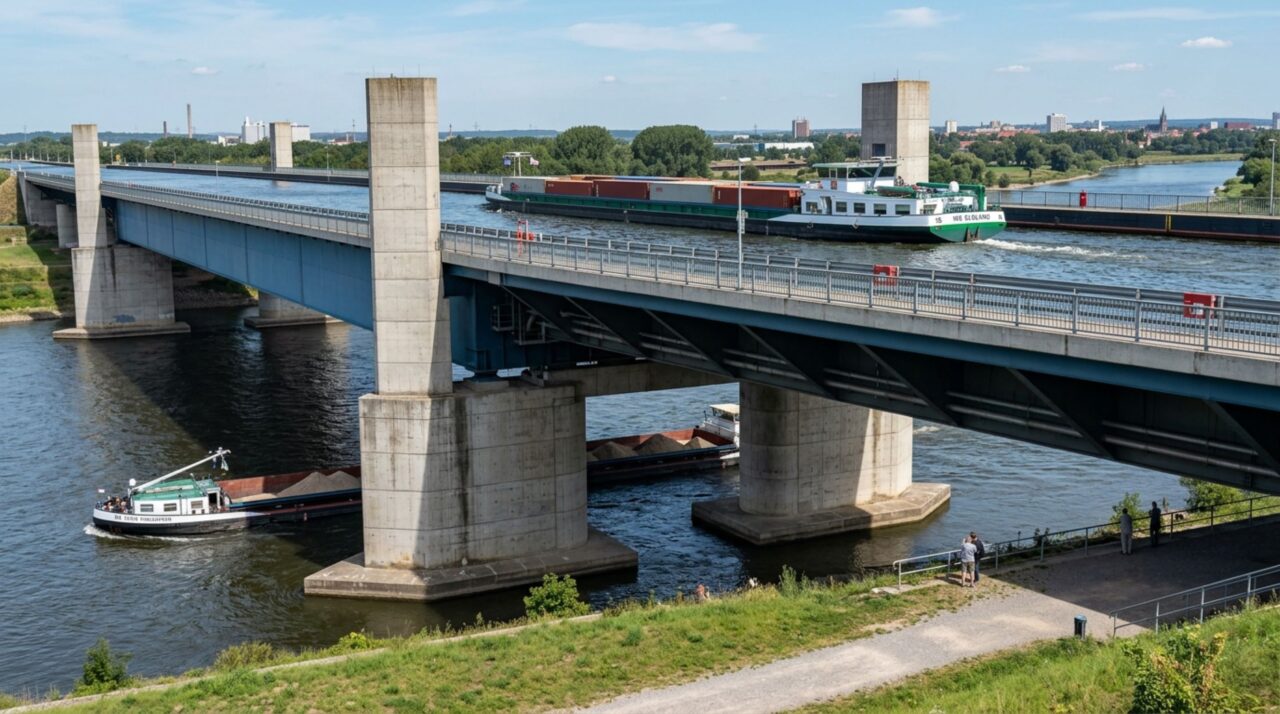 Estrutura de aço e concreto da Ponte de Água de Magdeburgo projetada para sustentar a hidrovia elevada