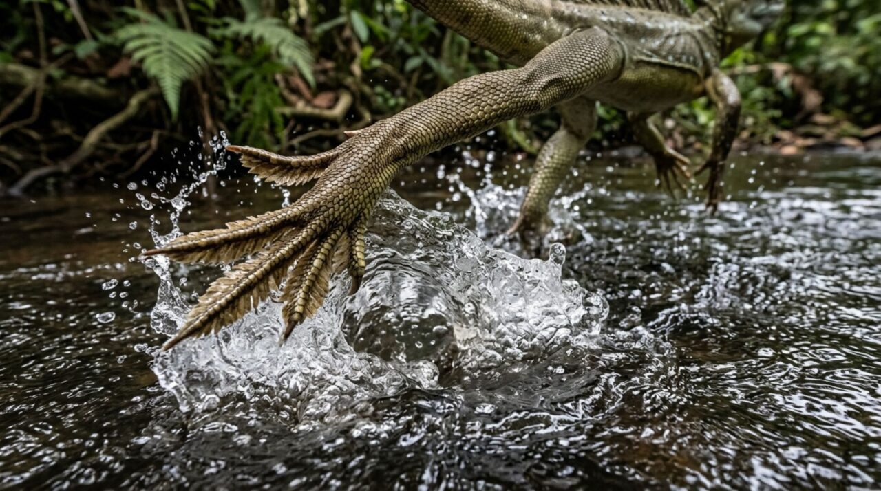 A imagem destaca como a pata traseira do basilisco-comum (Basiliscus basiliscus) cria uma cavidade temporária e empurra a água para baixo e para trás antes de ser retirada rapidamente