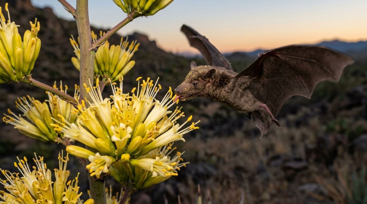 O contato do morcego-de-nariz-comprido-mexicano com as flores de agave mostra como o pólen adere ao corpo durante a busca por néctar