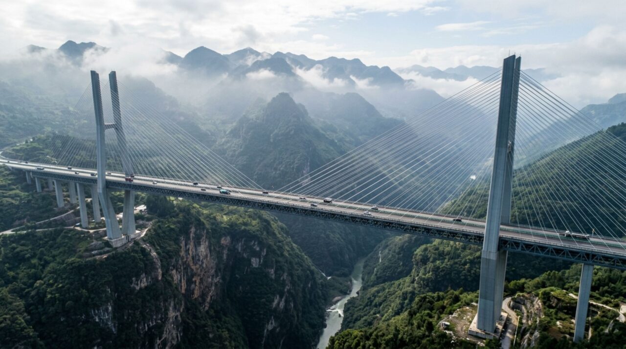 A ponte chinesa de 1,34 km suspensa a 565 metros que reduziu uma viagem de 5 horas para 1 e foi a mais alta do mundo por quase 9 anos
