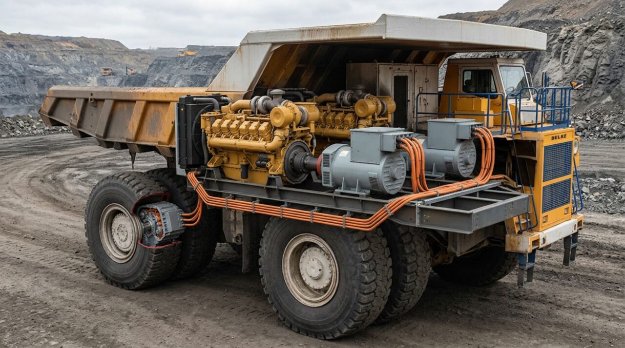 Dois motores diesel geram a eletricidade que movimenta as enormes rodas do BelAZ 75710