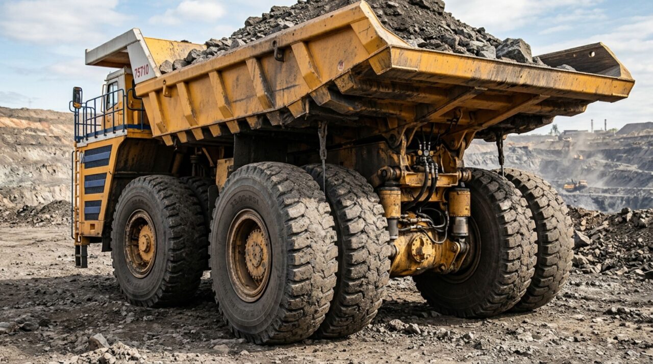 Os oito pneus e a suspensão pneumohidráulica do BelAZ 75710 ajudam a distribuir a enorme carga e absorver impactos repetidos nas estradas irregulares das minas