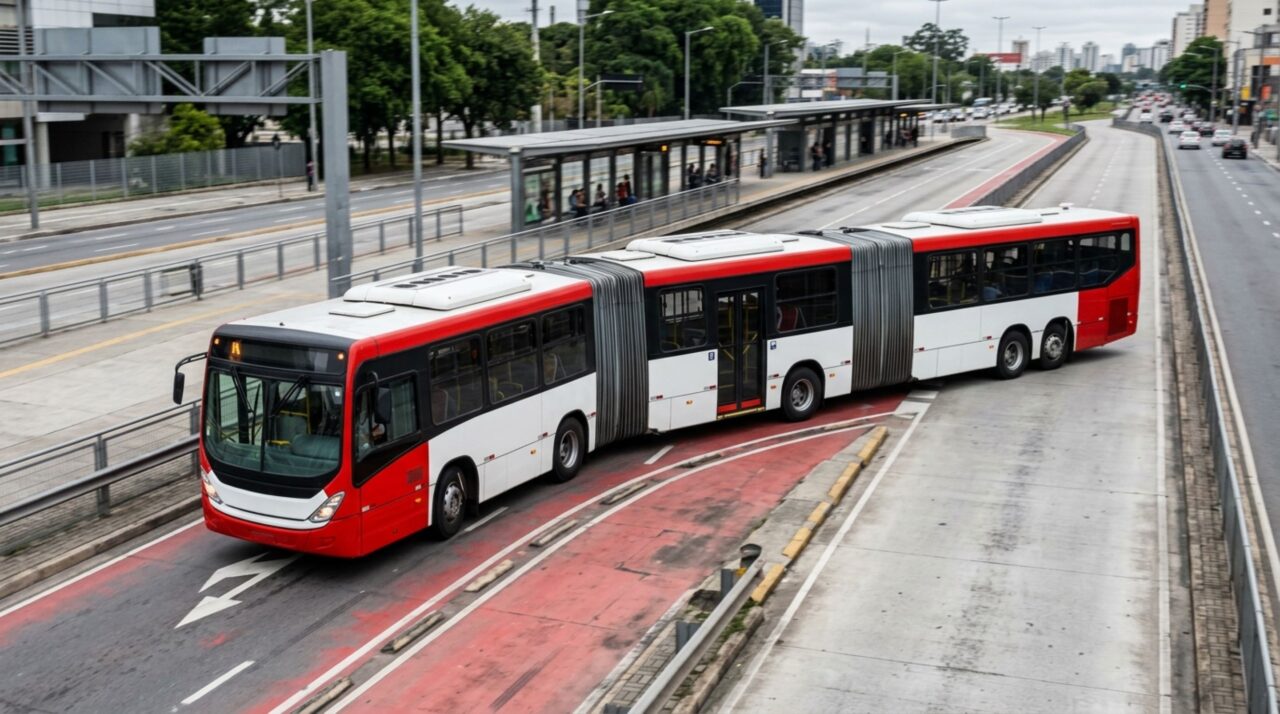 As duas articulações e os vários eixos do ônibus biarticulado permitem que seus três módulos acompanhem curvas urbanas com mais controle e menor deslocamento lateral