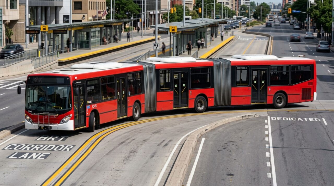 Durante as curvas, as duas articulações do ônibus biarticulado permitem que os módulos traseiros acompanhem progressivamente a trajetória iniciada pela seção dianteira