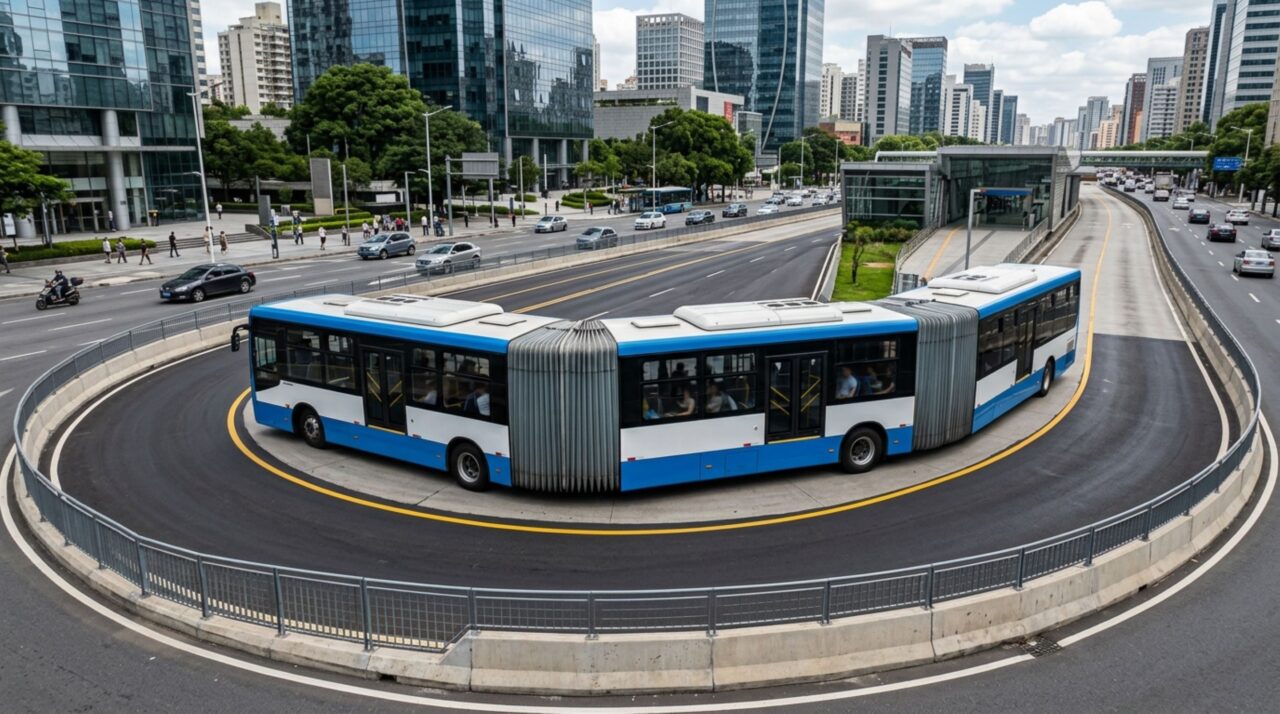 Com quase 30 metros de comprimento e várias articulações ligando diferentes módulos, este ônibus foi desenvolvido para transportar centenas de passageiros sem precisar usar trilhos ou construir uma linha ferroviária convencional