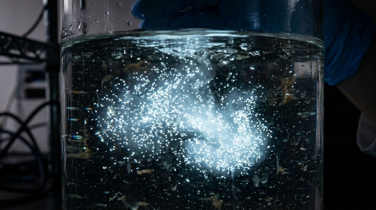 A bioluminescência produzida pela bactéria Aliivibrio harveyi em concentração na água do mar