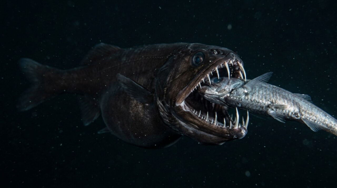 No fundo do oceano, um predador com dentes enormes pode engolir animais quase do próprio tamanho graças a uma mandíbula altamente móvel e a um estômago capaz de se expandir de maneira impressionante