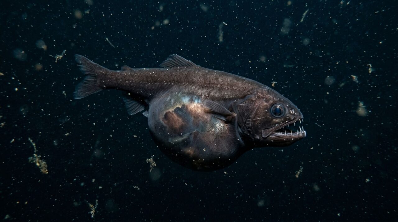 Depois que a presa ultrapassa as mandíbulas, o estômago e a parede abdominal do peixe-engolidor-negro podem se expandir intensamente para acomodar uma refeição excepcionalmente volumosa