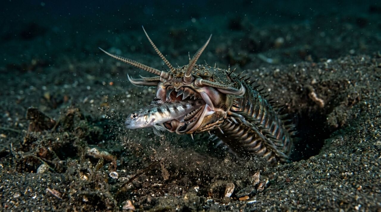 A estratégia de caça do verme-Bobbit (Eunice aphroditois) combina espera dentro da toca, percepção da presa por estruturas sensoriais e um bote rápido para puxar o animal ao sedimento