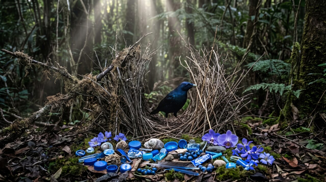 Um pássaro-caramanchão macho pode passar de uma semana a 2 meses construindo uma estrutura que não é ninho, decorando-a com flores, pedras, besouros, vidro e plástico para atrair fêmeas