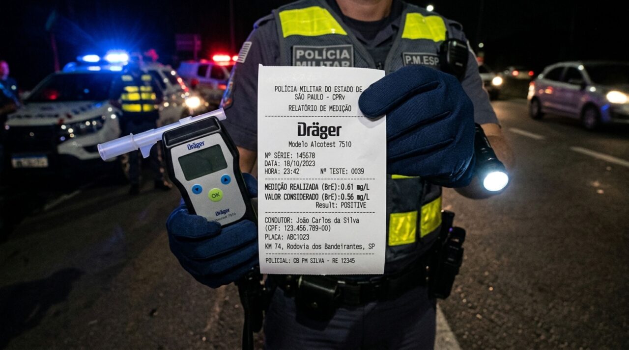 Motorista é parado em blitz da Lei Seca, aceita realizar o teste, questiona se o bafômetro está regular e pede informações sobre o aparelho, fiscalização explica quais verificações o equipamento precisa possuir