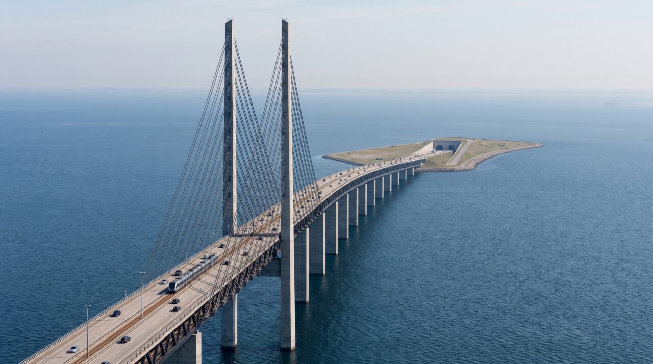 A ponte entre Suécia e Dinamarca parece terminar no meio do mar, mas carros e trens continuam a viagem por quilômetros sem voltar à superfície