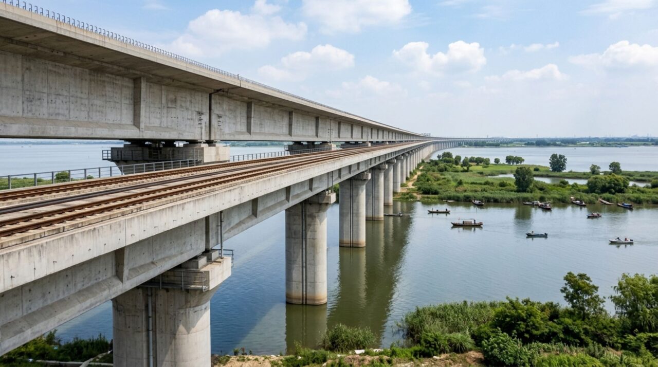 Pilares de concreto e vigas padronizadas sustentam a estrutura sobre o lago Yangcheng