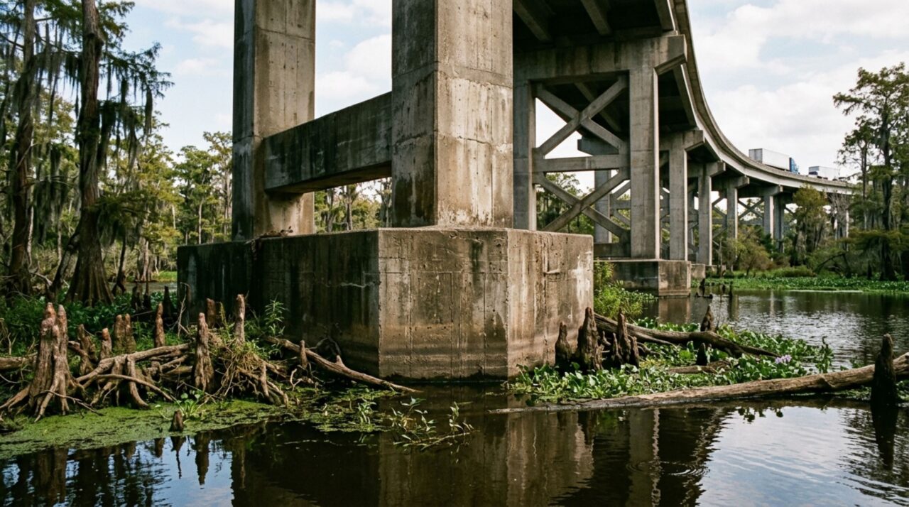 Pilares de concreto fincados no solo instável sustentam a pista sobre as águas e a vegetação do pântano
