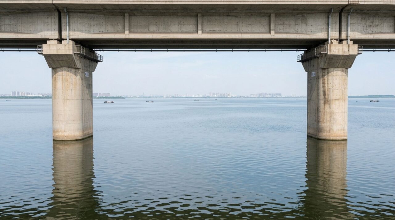 Os pilares e vigas-caixão de concreto do Grande Viaduto de Danyang-Kunshan sobre o lago Yangcheng