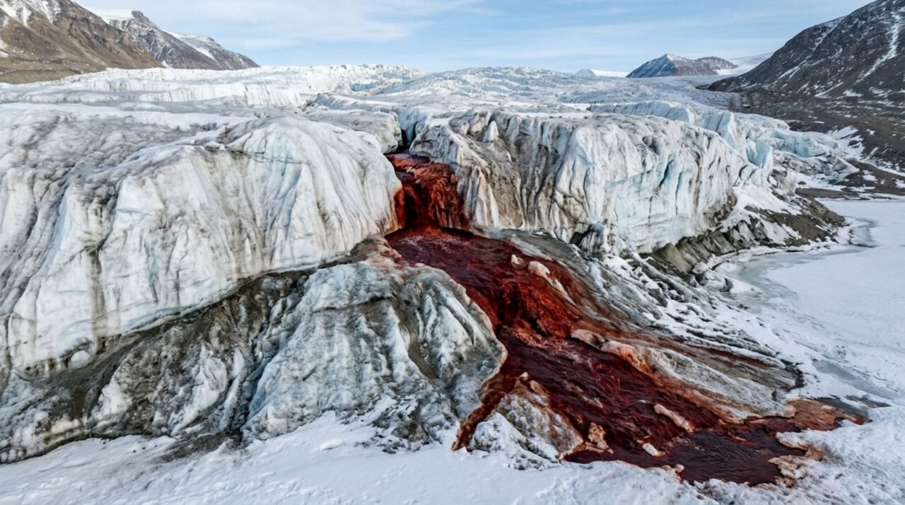 A Blood Falls em visão mais próxima destaca a saída intermitente da salmoura subglacial rica em ferro que ganha a cor vermelho-intensa ao alcançar a superfície gelada