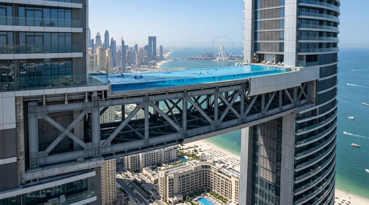 As treliças de aço do Address Beach Resort conectam as duas torres e ajudam a sustentar a skybridge e a piscina infinita