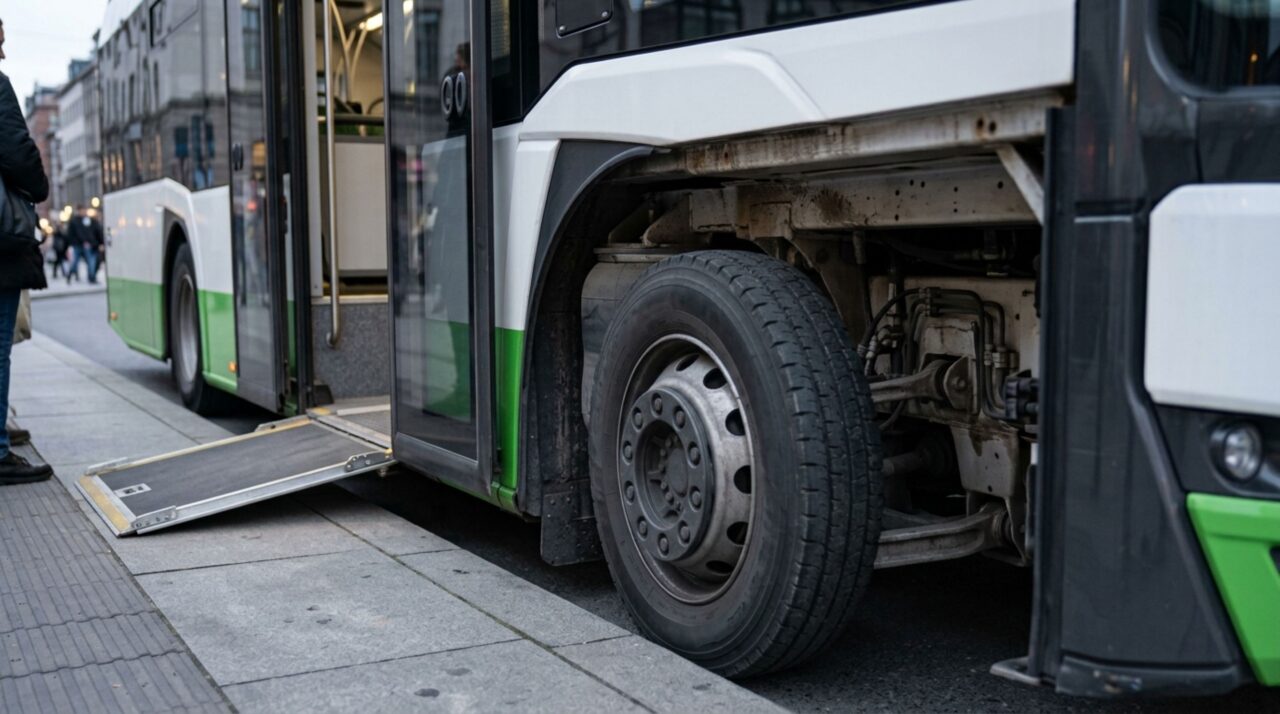 A suspensão pneumática reduz temporariamente a altura da entrada e facilita o embarque de passageiros com mobilidade reduzida, carrinhos ou bagagem