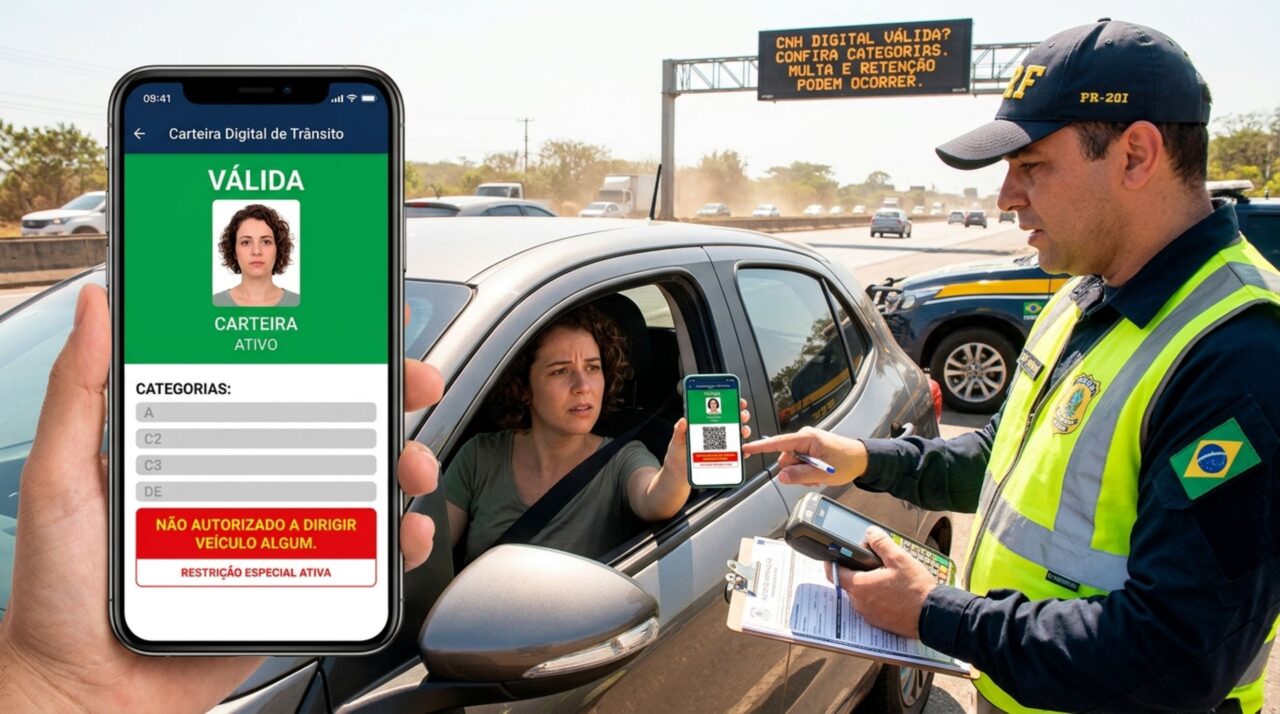 Condutor é parado em blitz, apresenta a CNH Digital e agente verifica que sua categoria não corresponde ao veículo, motorista diz que habilitação está dentro da validade e é questionado durante abordagem