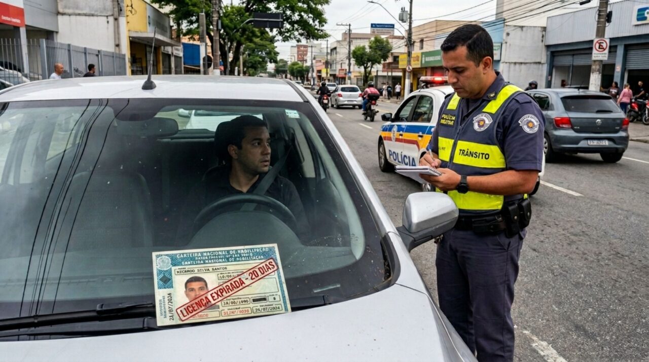 Motorista é parado na blitz, apresenta CNH vencida há 20 dias e acredita que será multado, agente verifica a data e explica o prazo previsto no CTB