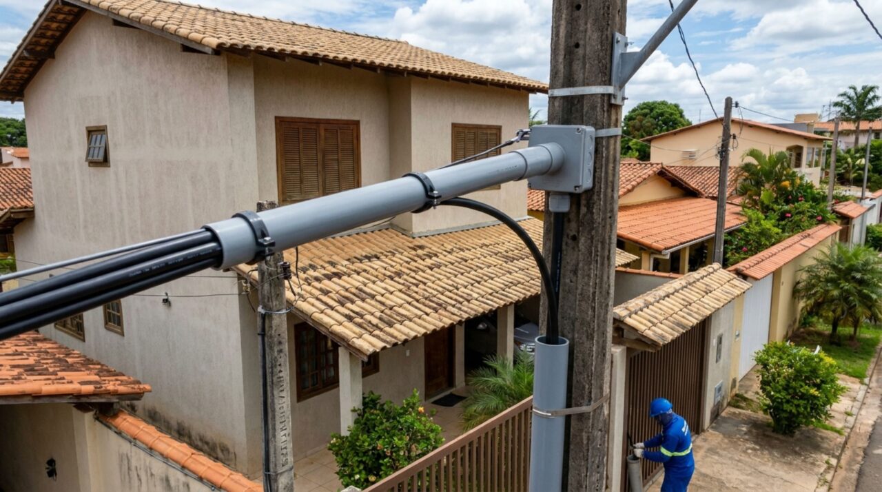Família retorna para casa e descobre que a empresa de internet passou um novo cabo pela fachada e pelo telhado para atender o imóvel vizinho