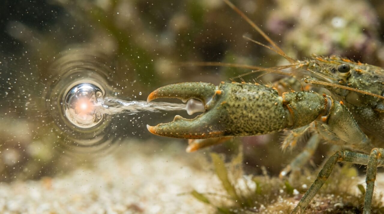 A imagem destaca o mecanismo do camarão-pistola (Alpheus heterochaelis), no qual a garra expulsa água em alta velocidade e o colapso da bolha de cavitação gera som, pressão e um breve clarão