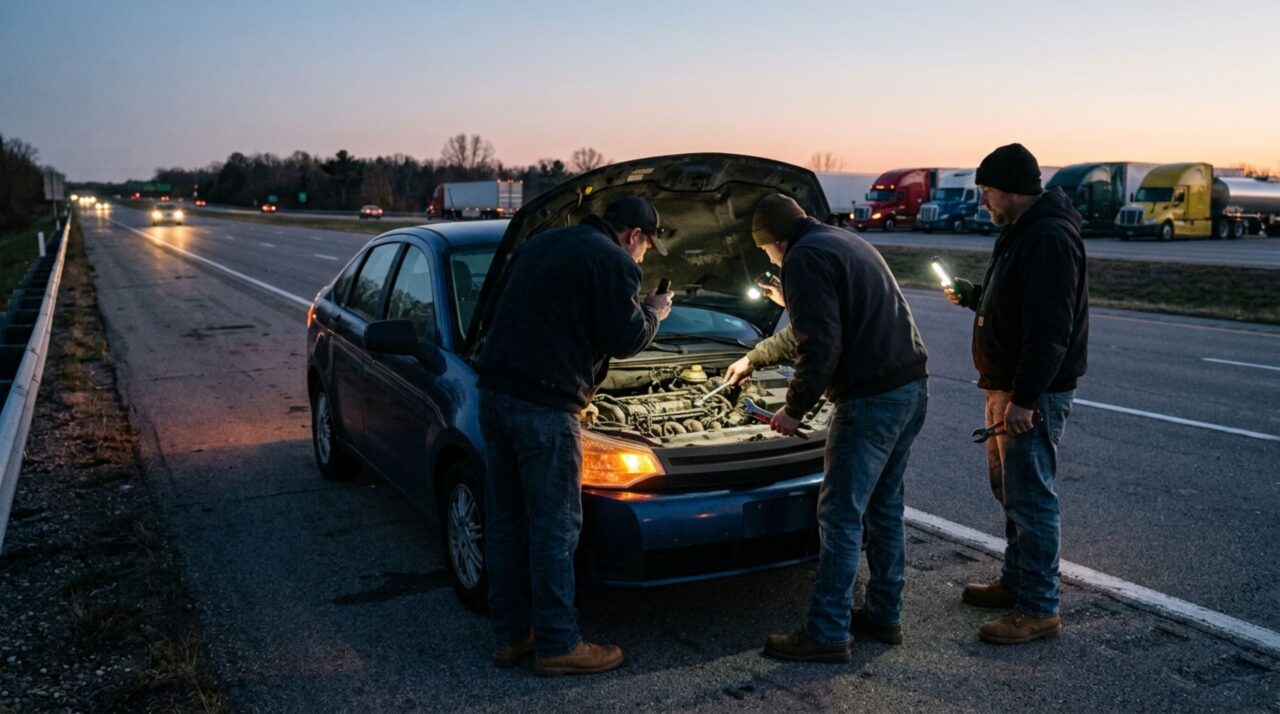 Sem dinheiro para pagar o guincho, estudante passa a noite dentro do carro quebrado num acostamento e acorda com três caminhoneiros tentando fazer o motor funcionar usando ferramentas trazidas de seus próprios veículos