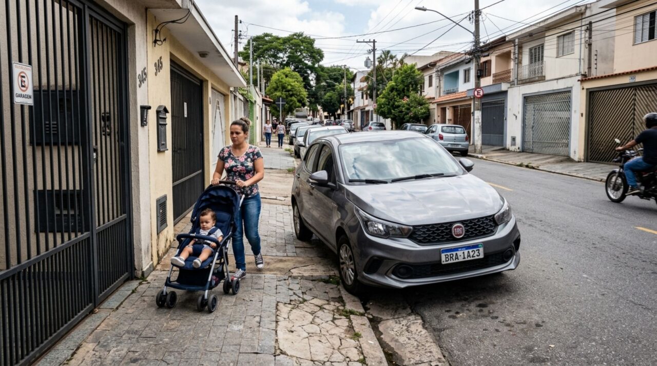 Motorista estaciona carro com duas rodas sobre a calçada para deixar passagem livre na rua, fiscalização chega ao local e condutor afirma ter feito isso justamente para não atrapalhar o trânsito