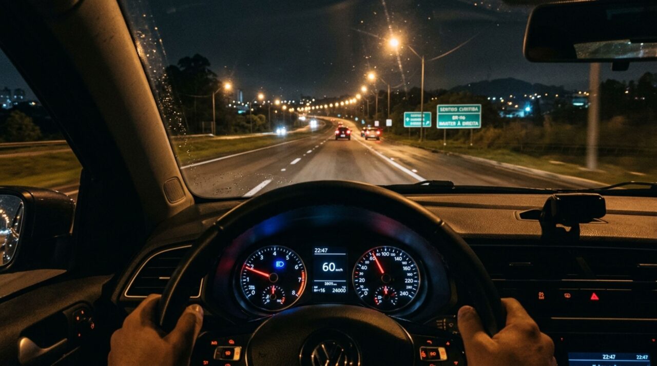 Motorista usa farol alto para enxergar melhor durante a noite e descobre que prática pode render multa em via iluminada