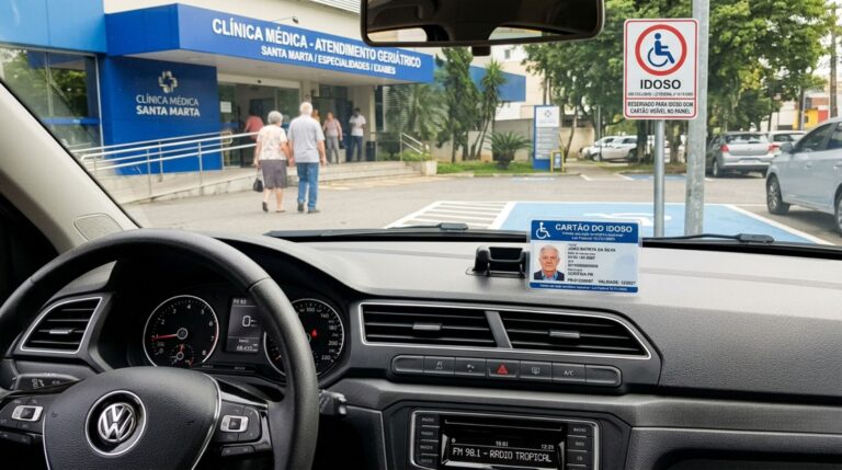Filho usa a credencial de estacionamento do pai idoso para parar mais perto da entrada, mas descobre que a vaga é vinculada ao transporte do beneficiário