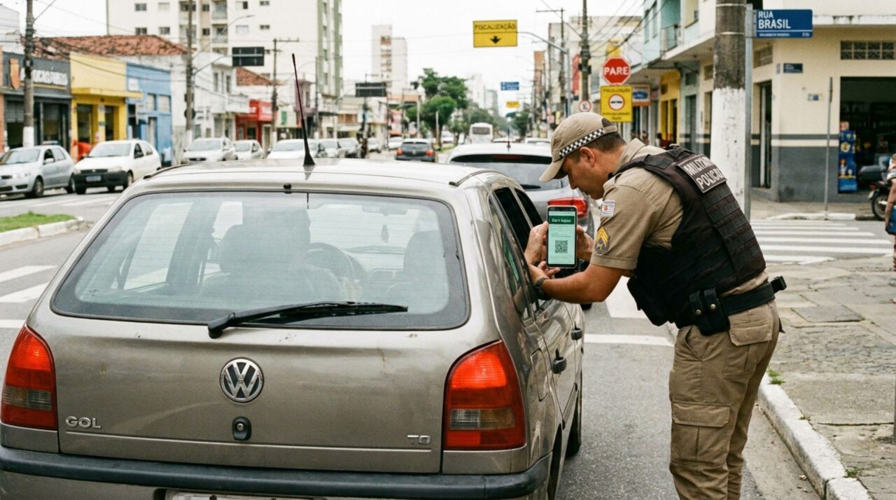 Motorista é parado em blitz, apresenta o CRLV digital do carro da esposa e é questionado pelo agente; condutor alega que o proprietário não precisa estar presente