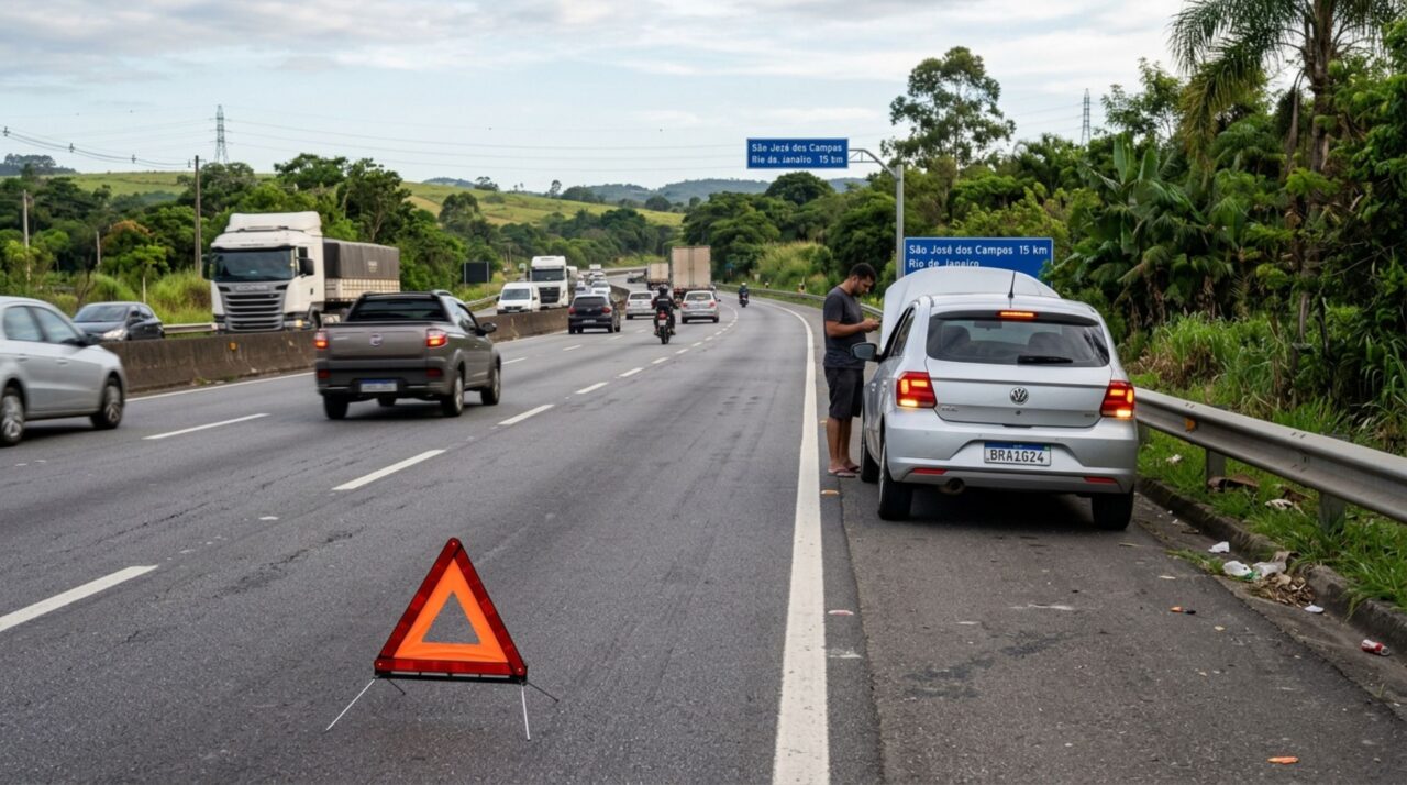 Motorista coloca o triângulo logo atrás do carro após pane e descobre que a norma exige pelo menos 30 metros
