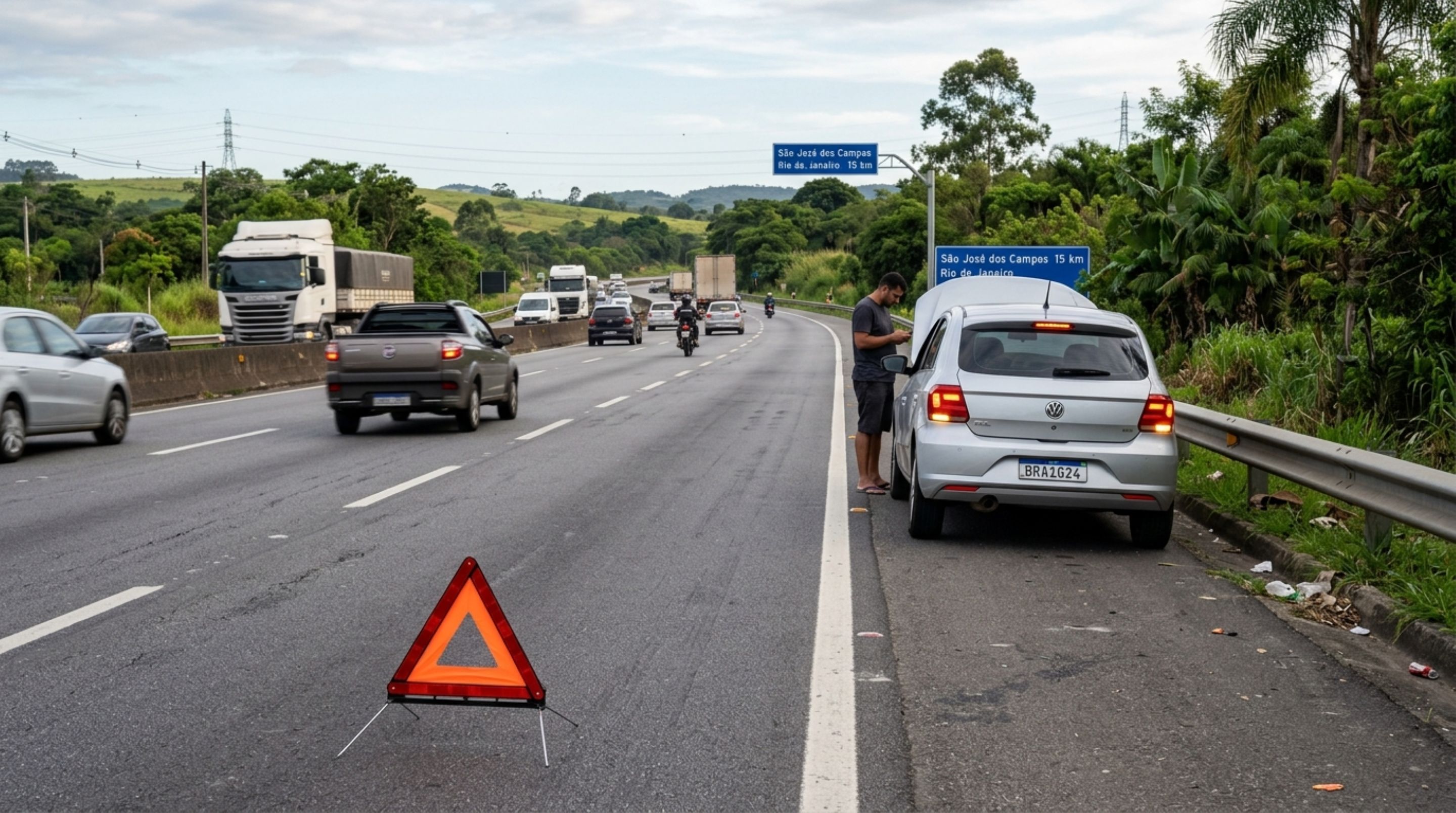 Motorista coloca o triângulo logo atrás do carro após pane e descobre que a norma exige pelo menos 30 metros