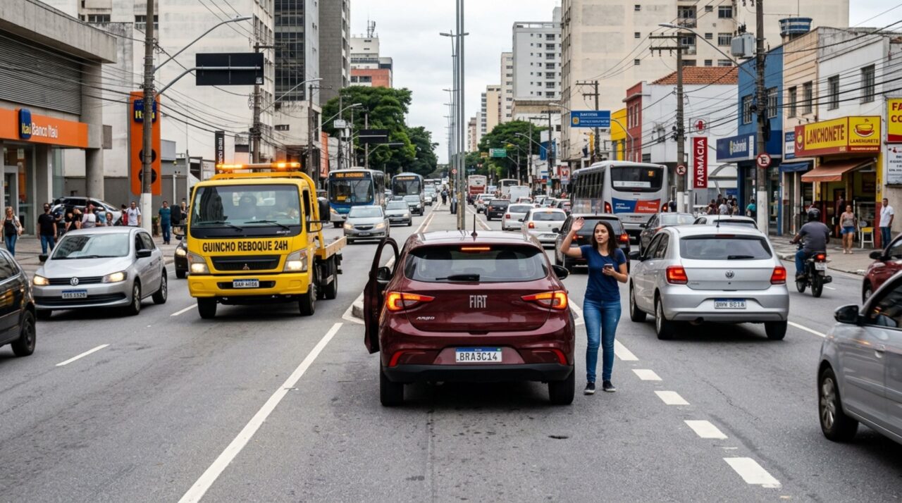 Motorista ignora combustível na reserva para chegar até o posto mais barato, carro para no meio da via e fiscalização determina remoção do veículo, além da multa