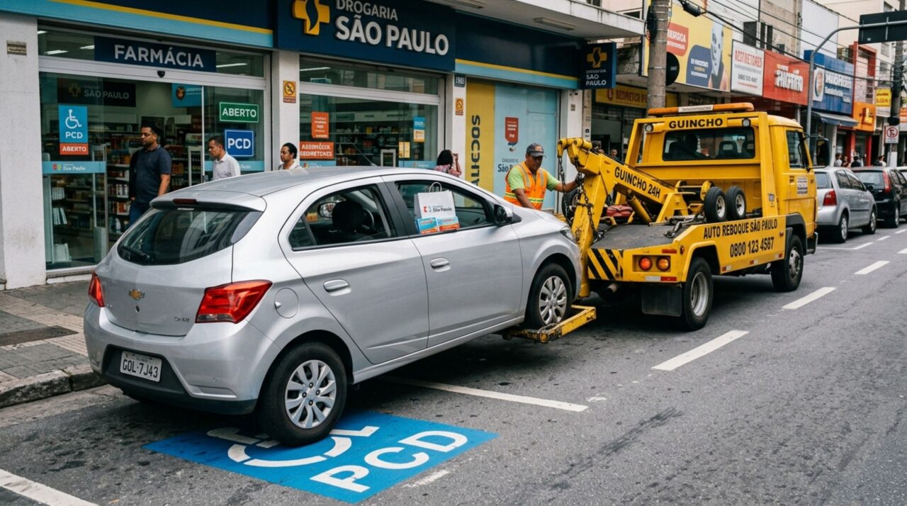 Motorista para por poucos minutos em vaga de idoso sem credencial para buscar remédio, fiscalização chega e carro é removido, além da multa gravíssima