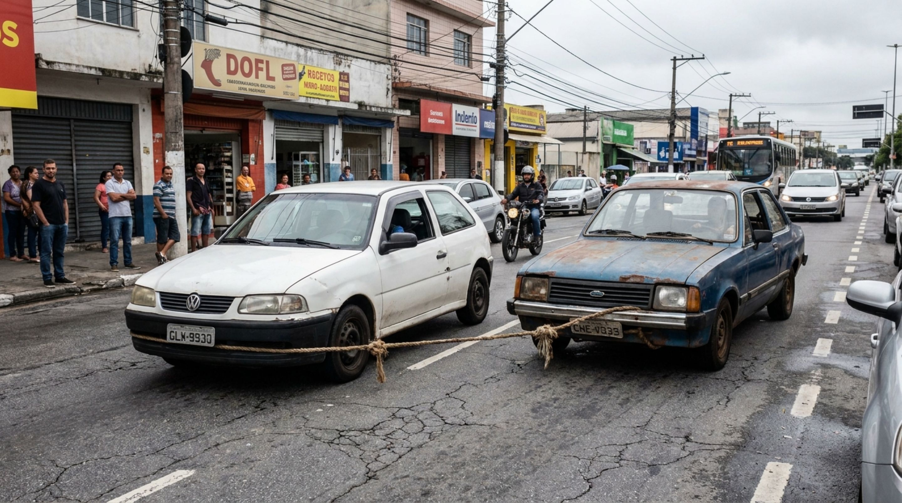 Motorista precisava levar o carro quebrado até uma oficina, ao descobrir o preço do guincho, decide puxar o veículo com uma corda, usando outro automóvel, é parado por fiscalização e policial explica por que esse tipo de reboque vira infração - QTU Questões do Universo