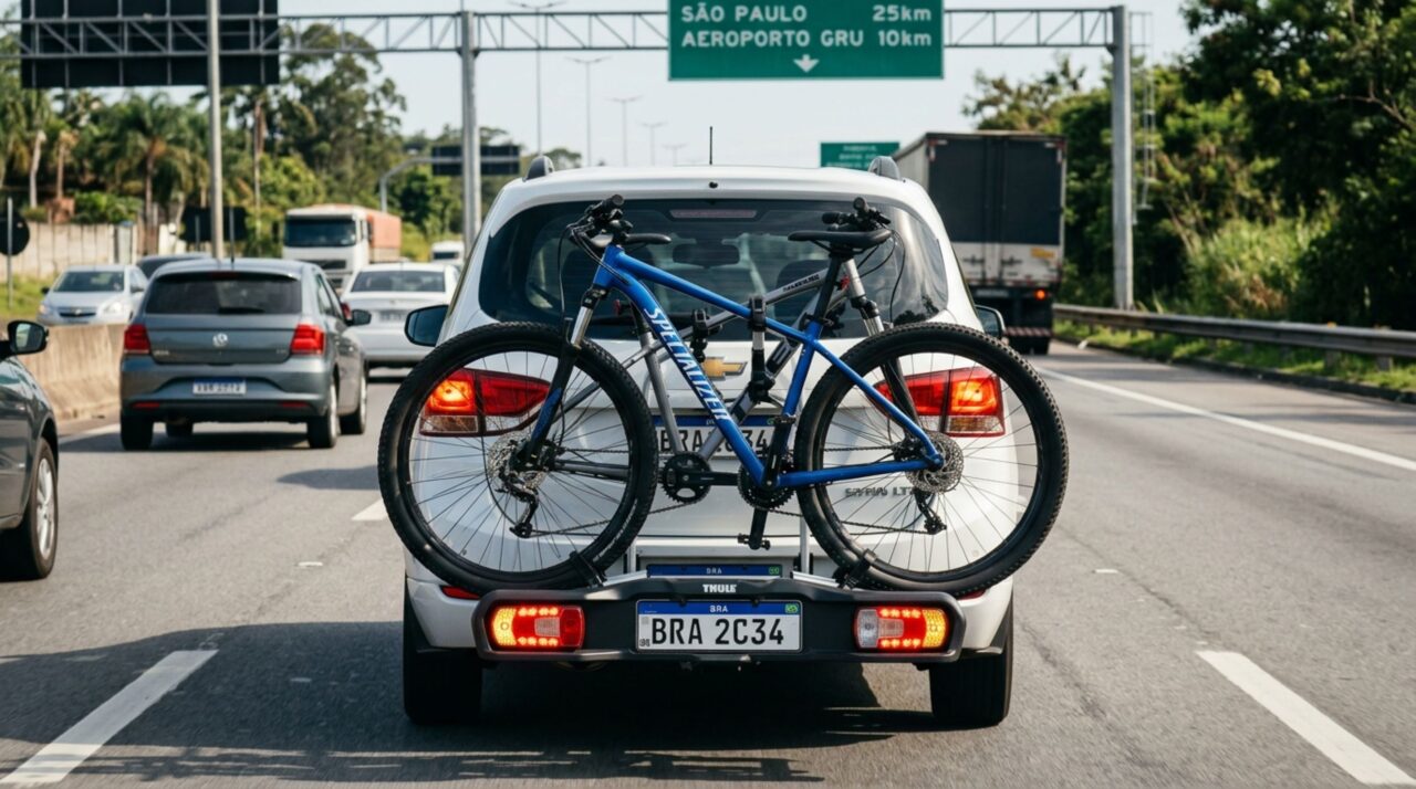 Motorista precisava levar duas bicicletas para uma viagem, ao colocar o suporte traseiro, percebe que a placa do carro ficou parcialmente escondida, decide seguir viagem mesmo assim, e fiscalização explica o que precisa continuar visível