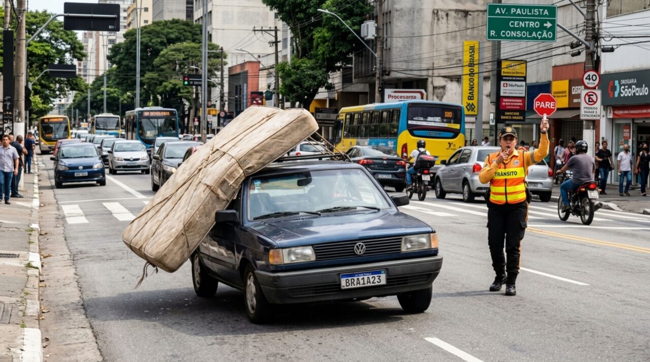Motorista precisava levar um colchão para a casa nova, ao perceber que ele não caberia dentro do carro decide amarrá-lo no teto, durante o trajeto a carga começa a se deslocar e fiscalização explica quando o transporte externo pode gerar autuação