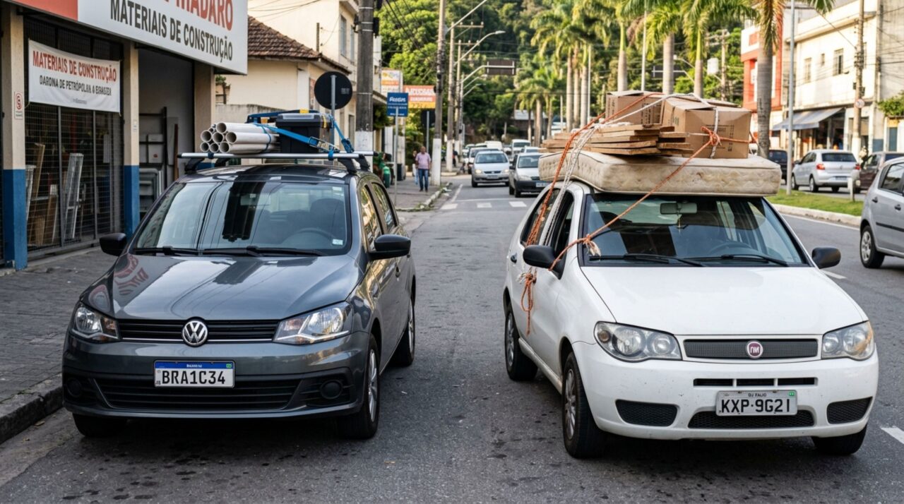 Motorista precisava levar um sofá para outro endereço, ao perceber que ele não passaria pelo porta-malas, decide prendê-lo diretamente sobre o teto do carro e fiscalização explica por que apenas usar cordas pode não resolver o problema