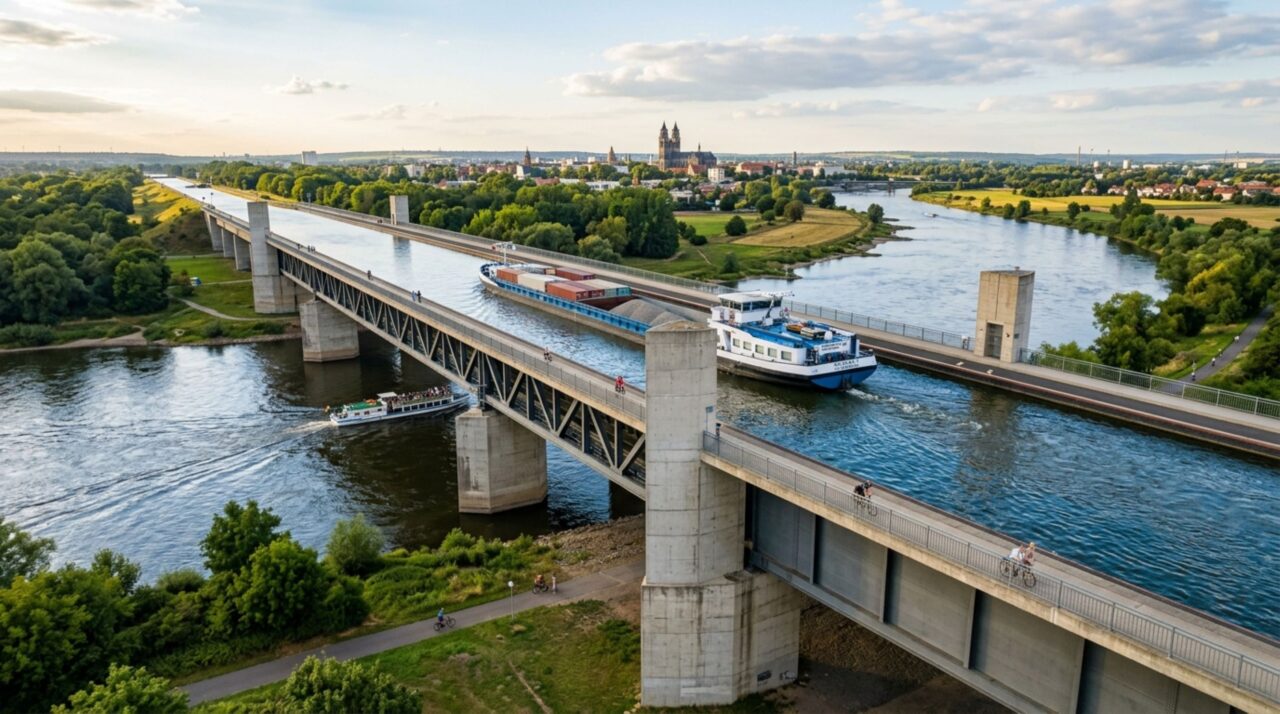 A ponte de água de 918 metros construída para fazer navios cargueiros cruzarem por cima de um rio gigante